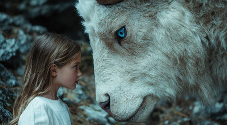 young girl and large white wolf in snowy forestの素材