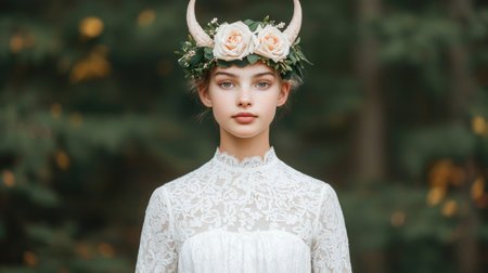 beautiful woman in white lace dress with flower crownの素材