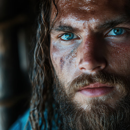 Intense gaze of a rugged man with piercing blue eyesの素材