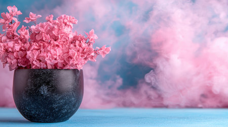 beautiful pink flowers in a black vase with smokeの素材