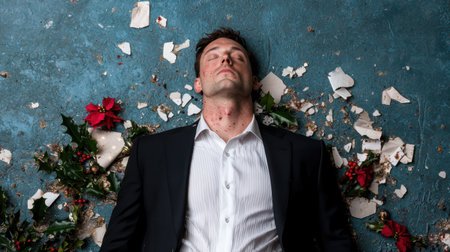 man lying on floor surrounded by flowers and debrisの素材