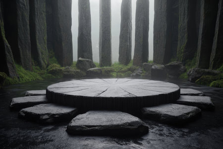 Mystical forest landscape with stone platformの素材