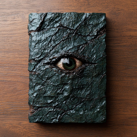 Mysterious eye peeking through cracked stoneの素材