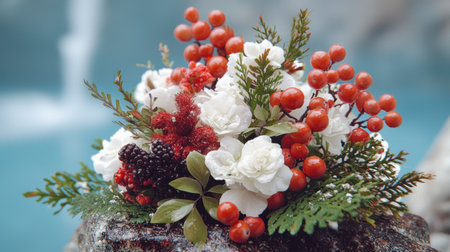 Festive winter floral arrangement with white flowers, red berries, and pine branchesの素材