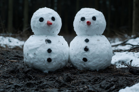 Whimsical snowmen in winter forestの素材