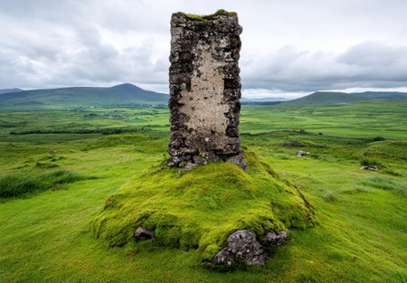 ancient stone tower in lush green meadowの素材