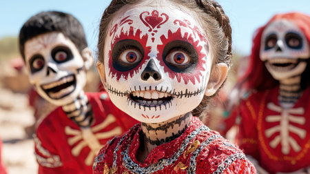 colorful day of the dead face paint on childrenの素材