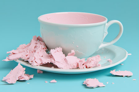 pink and white ceramic teacup with scattered pink marshmallow piecesの素材