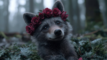 cute raccoon with flower crown in forestの素材