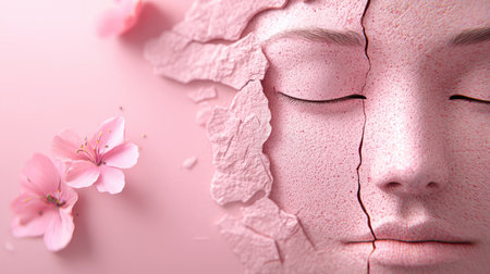 tranquil pink buddha face with flowerの素材