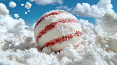 Snowy winter scene with red and white striped candy caneの素材