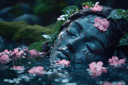 Serene woman's face in water surrounded by pink flowersの素材