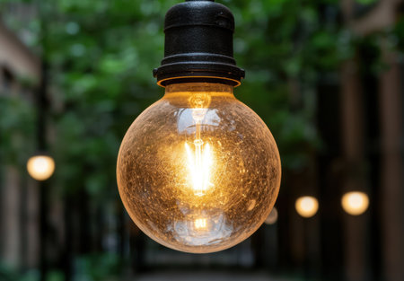 Glowing vintage light bulb in natureの素材