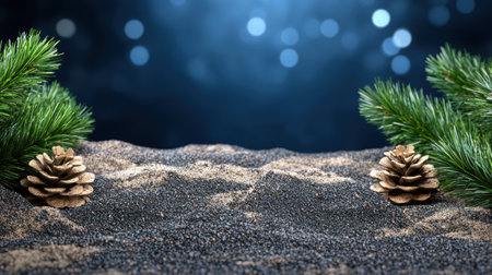 Festive winter scene with pine branches and pine conesの素材