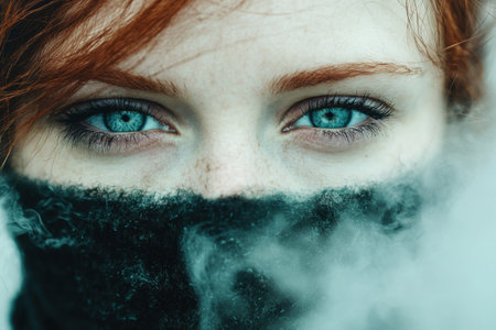 Striking blue eyes of a person in the coldの素材