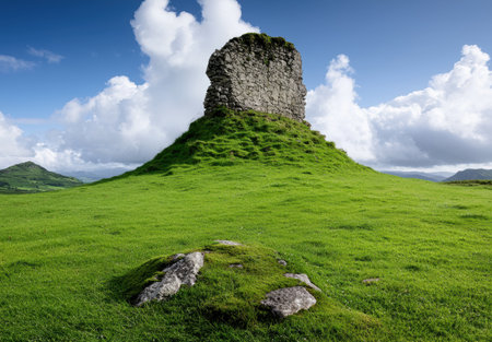 Majestic stone tower on grassy hillの素材