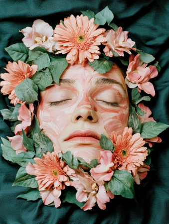 woman's face surrounded by pink flowersの素材