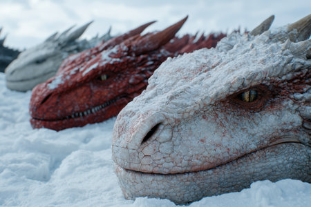 close-up of a red dragon's face in the snowの素材