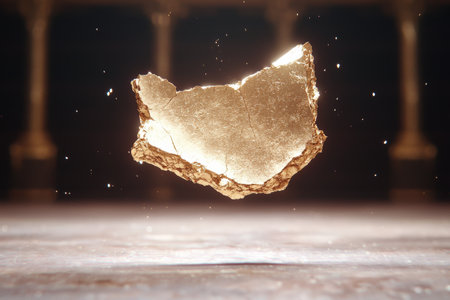 glowing golden crystal rock floating in dark spaceの素材