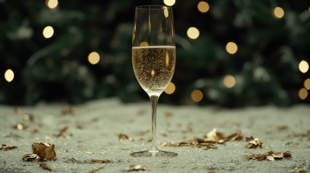 Sparkling champagne glass on snowy surface with golden confettiの素材