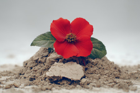 Vibrant red hibiscus flower blooming on rocky groundの素材