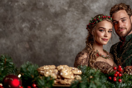 couple in festive winter attire with christmas treatsの素材