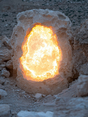 Glowing rock formation in snowy landscapeの素材
