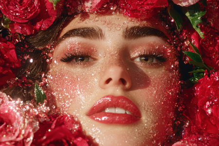 Glamorous woman surrounded by red rosesの素材