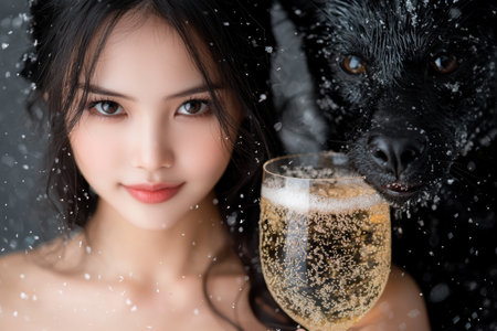 woman with glass of champagne in snowy winter sceneの素材