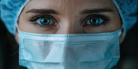close-up of a person's eyes wearing a medical maskの素材
