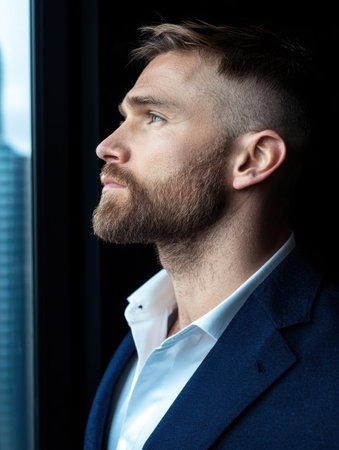 Handsome businessman with beard looking out windowの素材