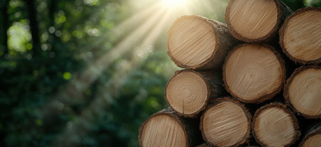 stacked logs in a forest with sunlightの素材