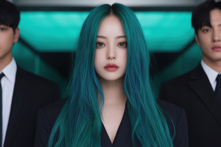 woman with vibrant teal hair and bold makeupの素材