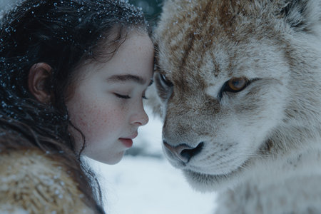 young girl with wolf in snowy landscapeの素材