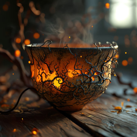 Mystical glowing bowl with smoke and lightsの素材