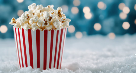 delicious popcorn in a striped container on snowy backgroundの素材