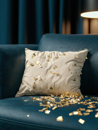 Cozy living room with decorative pillow and gold confettiの素材