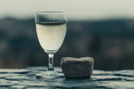glass of water and stone on dark backgroundの素材