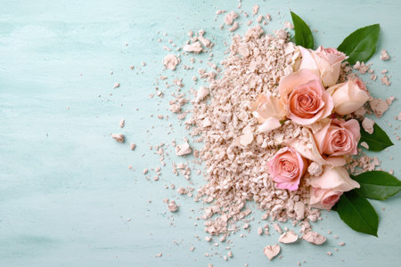 Romantic roses and crushed pink salt on mint backgroundの素材