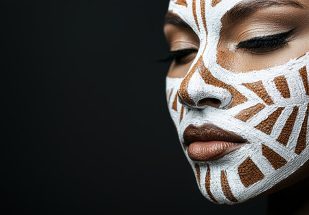 Close-up of a person's face with intricate white and brown face paintの素材