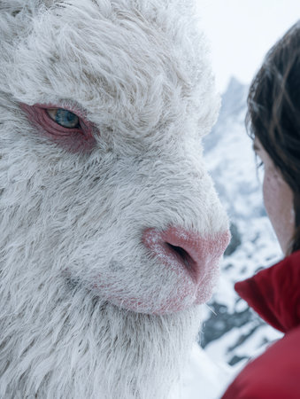 close-up of a fluffy white animal with a red nose and blue eyes in a snowy landscapeの素材