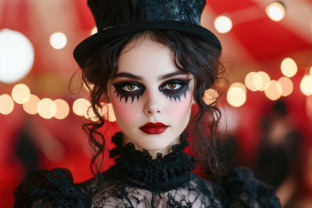 mysterious woman with dark makeup and curly hairの素材