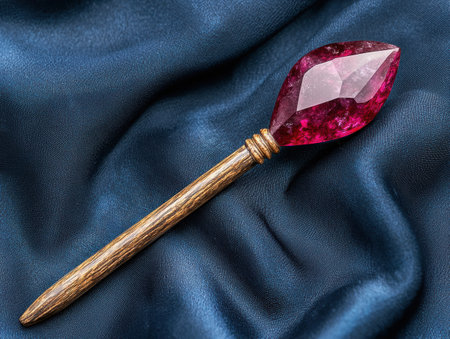 Elegant ruby crystal on dark blue fabricの素材