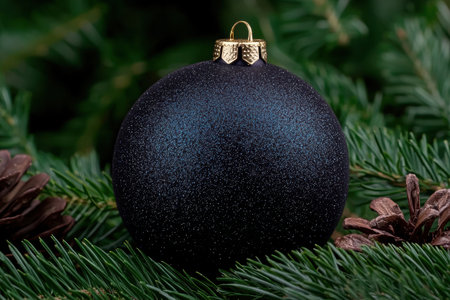 Sparkling black christmas ornament in evergreen foliageの素材