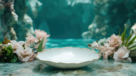 Elegant floral arrangement with porcelain bowl on waterの素材