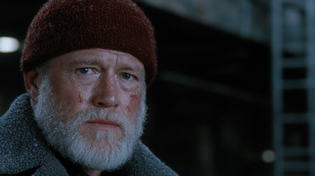 Weathered face of elderly man with beard and hatの素材