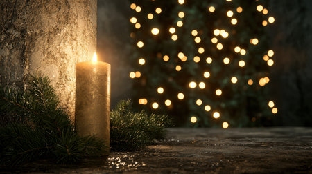 Cozy winter scene with candle and christmas lightsの素材