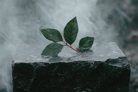 Vibrant green leaves on a dark stoneの素材