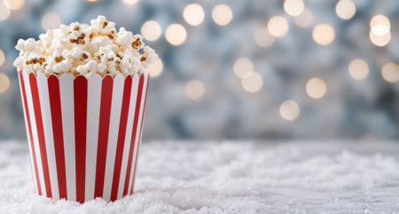 popcorn in a red and white striped container on a snowy backgroundの素材