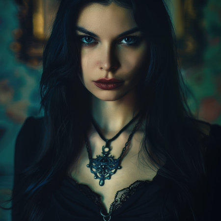 mysterious woman with dark hair and intense gazeの素材